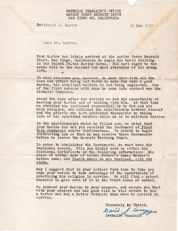Letter to a mother of a Marine in training at the Marine Corps Recruit Depot in San Diego, by Catholic chaplain, 16 January 1952 (author's collection).